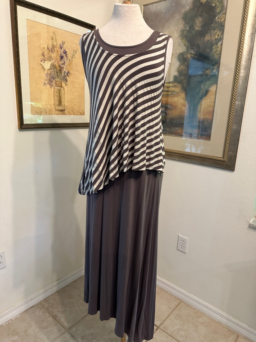 Chalet Maxi Dress - 2 PC Striped Sleeveless Layered in Brown and Cream Size MED